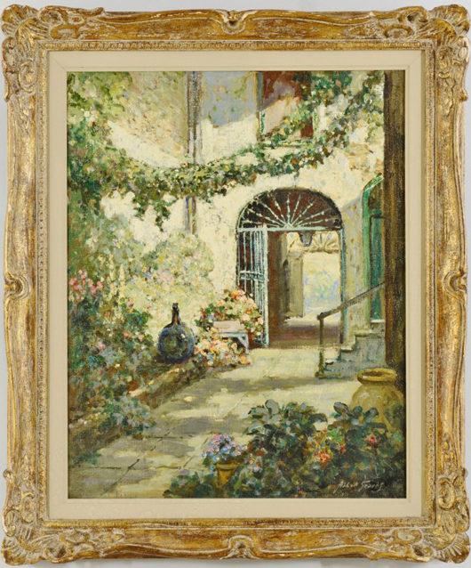 A Southern institution was the successful bidder on this Vieux Carre courtyard scene by Boston Impressionist Abbott Fuller Graves at $23,400. Case Antiques image.