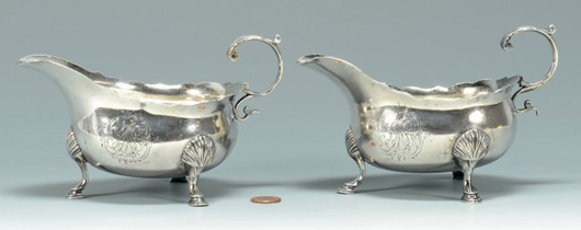 A pair of circa 1770 sauce or butter boats by Lewis Fueter of New York served up $43,290. Case Antiques image.