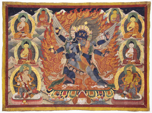 Tibetan Thangka, 19th century, paint on cloth, gilt. Yamantaka and consort surrounded by images of the Buddha, 50