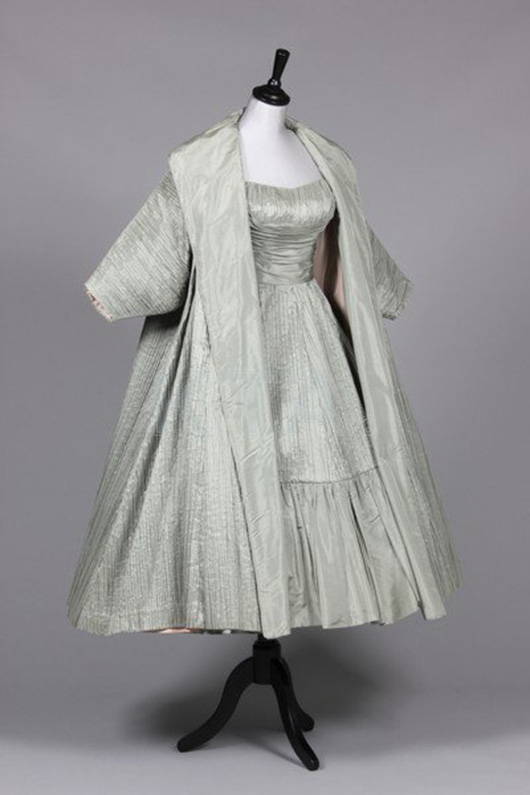Ceil Chapman mint-green tree-bark taffeta evening gown and matching coat, mid 1950s. Anne Dettmer collection. Estimate £400-£600. Kerry Taylor Auctions image. 