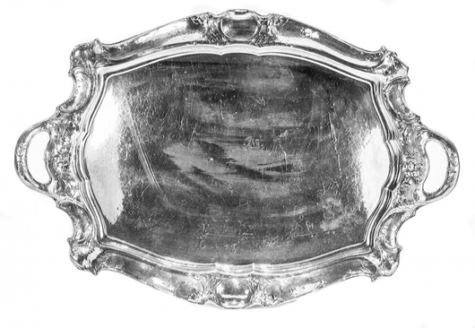 Sterling silver serving tray designed by Martele and made by Gorham Mfg. Co., 154 ounces (est. $3,000-$5,000). A.B. Levy’s image.