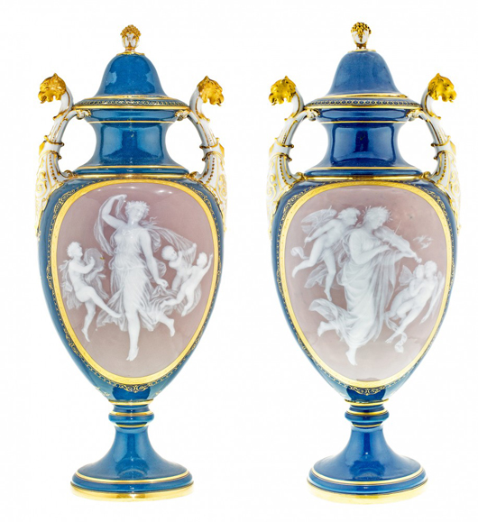 Pair of Meissen porcelain pate-sur-pate rose-pink and teal ground vases, with covers (est. $7,000-$10,000). A.B. Levy’s image.