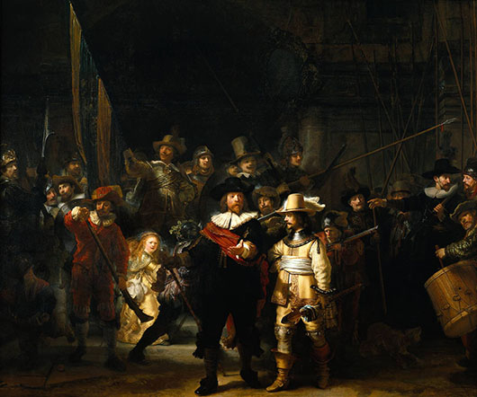 Rembrandt (Dutch, 1606-1669), 'The Company of Frans Banning Cocq and Willem van Ruytenburch,' a k a 'The Night Watch,' painted in 1642. Collection of Rijksmuseum in Amsterdam.