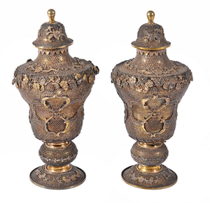 Pair of Qianlong Chinese export silver gilt filigree vases and covers, 8 inches. Estimate: $4,9790-$6,639. Dreweatts & Bloomsbury Auctions image.