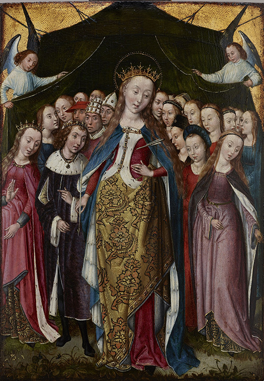 'Saint Ursula Protecting the Eleven Thousand Virgins with her Cloak,' c. 1470-1500, The Master of the Legend of Saint Barbara, oil on panel. Collection of Suzanne Deal Booth and David Booth.