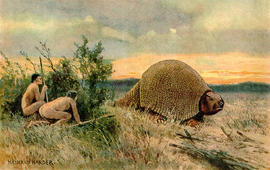 The Clovis culture inhabited the Americas during the final glacial episodes of the late Pleistocene period. Known as Paleo-Indians because of the appearance of their 'lithic flaked' stone tools, they were the earliest settlers in North America. This circa-1920 painting by Heinrich Harder (German, 1858-1935) depicts Paleo-Indians hunting a glyptodont. Image is in the public domain in the United States because its copyright term of the life of the author plus 70 years has expired.