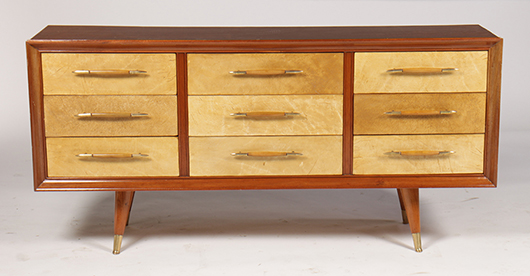 Mid-century modern chest with parchment veneered drawers. Kamelot Auctions image.
