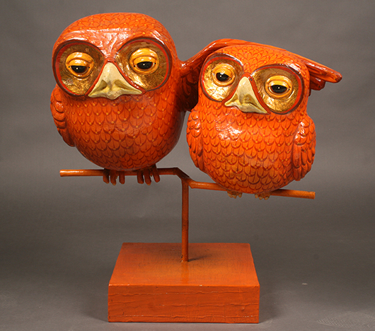 Signed 'Sergio Bustamante' papier-mache owl sculpture. Kamelot Auctions image.