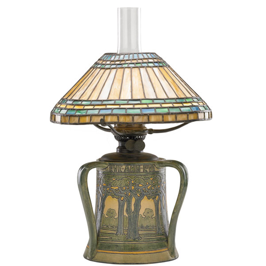 Lot 100: Mary Sheerer/Newcomb College, rare oil lamp with leaded glass shade. Estimate: $45,000-$65,000. Rago Arts and Auction Center image.
