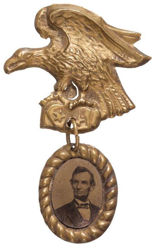 This 1884 badge is a valuable memento honoring President Abraham Lincoln. The picture of the president is a ferrotype (a photograph, often called a tintype, made on a thin sheet of iron) mounted in a 5/8-by-1/2-inch brass frame hung on an eagle-shaped hanger. The badge could be pinned on a suit or a dress. Heritage Auctions of Dallas sold it for $1,375 in November 2013.