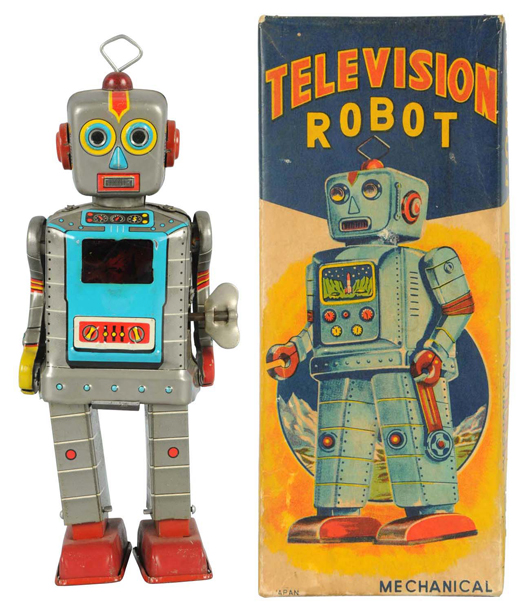Kanto Television Robot, tin litho, wind-up, original box, $32,400. Morphy Auctions image.