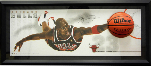 ‘Breaking Through,’ overhead shot of Michael Jordan dunking a basketball. Signed by Jordan. Est. $750-$1,500. Stephenson’s image.
