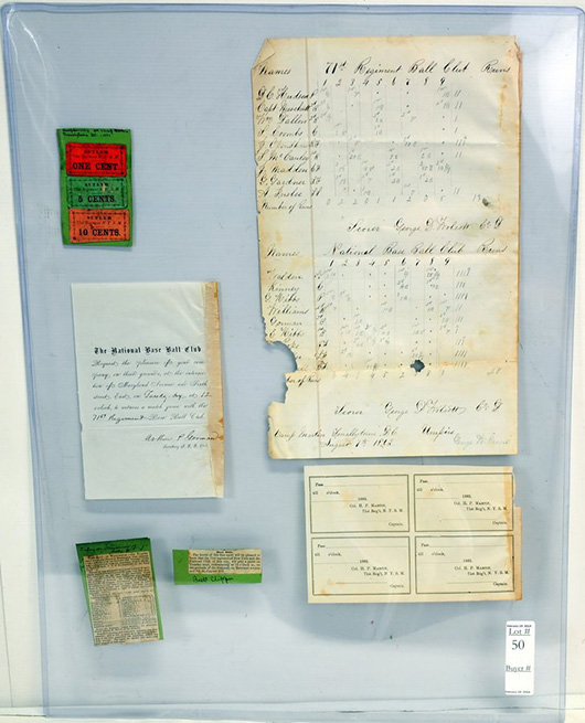 Rare 1862 baseball tickets and scorecard. Saco River Auction Co. image.