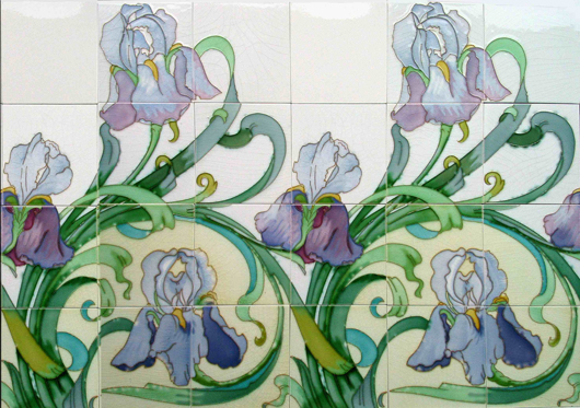 Twenty-four Heimxen Gillot tiles, Iris, to be offered by Richard Hoppe. Chelsea Antiques Fair image.
