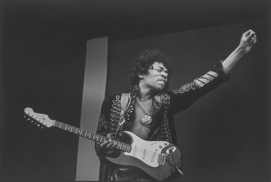 Jim Marshall (1936-2010), Jimi Hendrix, 1967, gelatin silver print, printed later, signed, titled and dated in ink in the margin. Dreweatts & Bloomsbury Auctions image.