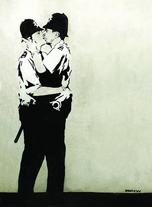 Banksy, 'Kissing Coppers,' Brighton, ca. 2005, spray paint and stencil on emulsion base with aluminum. Image courtesy of LiveAuctioneers.com archive and Fine Art Auctions Miami