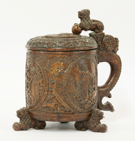 Lot 151: Norwegian burr birch tankard late 17th century or later. Estimate: £4,000-£6,000. Sworders Fine Art and Auctioneers image. 