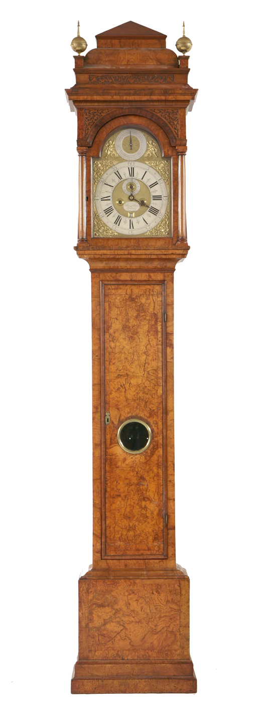 Lot 446: pollarded elm long case clock, early 18th century, inscribed 'John Latham, London.' Estimate: £6,000-£8,000. Sworders Fine Art and Auctioneers image.