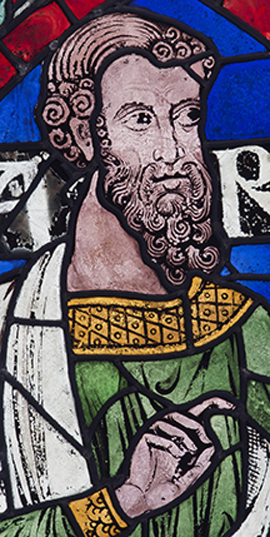Jared (detail), from the Ancestors of Christ Windows, Canterbury Cathedral, England, 1178–80, colored glass and vitreous paint; lead came. Image © Robert Greshoff Photography, courtesy Dean and Chapter of Canterbury.
