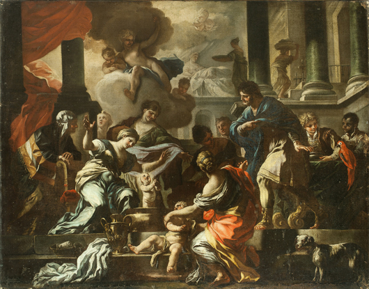 Lotto 1080: Francesco Solimena, (1657-1747), ‘Nascita della Vergine,’ olio su tela, cm 103 X 108. Stima: €15.000-€18.000. Courtesy Wannenes Genova.