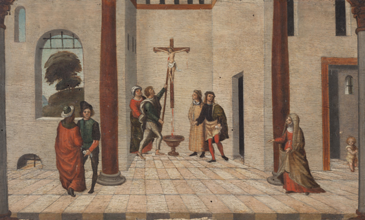 Lotto 1110: Pittore bolognese del XVI secolo, ‘Episodio della leggenda del Crocifisso di Berytus,’ tempera su tavola, cm 25 X 39,5. Stima €15.000-€25.000. Courtesy Wannenes Genova.