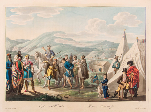 Printed in Paris in 1813, 'Les Peuples de la Russie' by Charles Rechberg and George Bernhard Deppin, is beautifully illustrated with 47 hand-colored plates nine original illustrations. Dreweatts & Bloomsbury Auctions image.