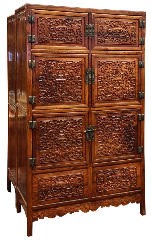 Coming from the Gerber estate, this a huanghuali and mixed wood cabinet (lot 1 of 2) achieved the astonishing price of $245,000. Clars Auction Gallery image.