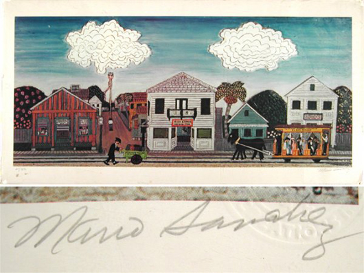 Lithograph by Cuban-American folk artist Mario Sanchez (1908-2005) depicting life in Key West. Image courtesy of LiveAuctioneers.com Archive and Alexander Historical Auctions.