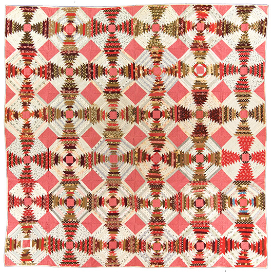 Log Cabin, Pineapple variation, maker unknown, made in United States, circa 1880-1900, 86 x 86 inches. Jonathan Holstein Collection. IQSCM 2003.003.0242. www.quiltstudy.org.