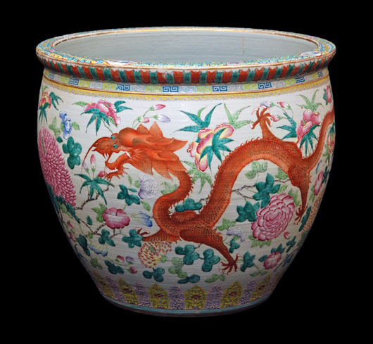 Large Guangxu famille rose porcelain fish bowl with painted orange fish. Estimate: $3,000-$5,000. Elite Decorative Arts image.