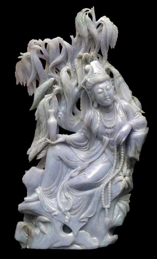 Beautiful Chinese carved lavender jadeite Guanyin group. Elite Decorative Arts image.