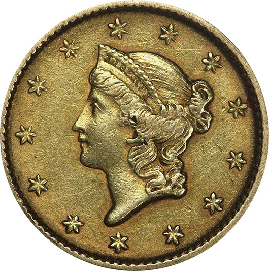 An 1852 US gold dollar coin designed by John B. Longacre. Image courtesy of Lost Dutchman Rare Coins.