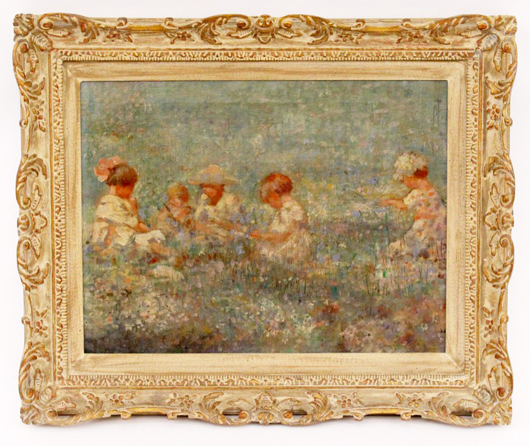 Charming American impressionist figural oil on canvas figural painting, unsigned. Ahlers & Ogletree image.