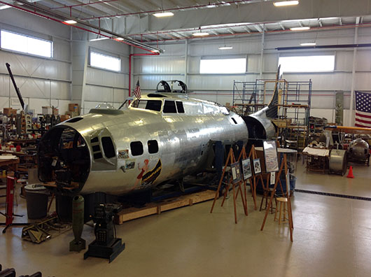 Much work remains before the Flying Fortress will again be airworthy. In the meantime museum visitors can get a close-up view of the vintage warplane. Champaigne Aviation Museum image.