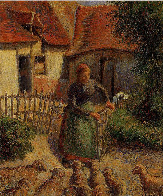 'Shepherdess Bringing in Sheep,' Camille Pissaro, oil on canvas, 1886. Fred Jones Jr. Museum of Art, University of Oklahoma. Image courtesy of Wikimedia Paintings.