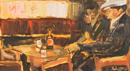 Lot 117. Andrew Turner (American, 1944-2001), Untitled (Bar Scene), 1983, oil on board. Estimate: $1,000-$1,500. Material Culture image.