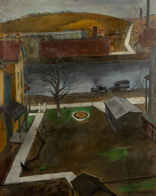 Lot 344. Francis Speight (Pennsylvania, 1896-1989), Schuylkill Valley riverscape, 1935, oil on canvas, signed. Estimate: $5,000-$7,000. Material Culture image.