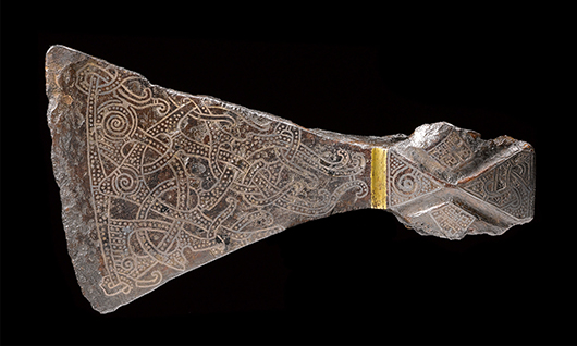Silver-inlaid axhead in the Mammen style, AD 900s. Bjerringhøj, Mammen, Jutland, Denmark.  Iron, silver, brass. L 17.5 cm. © The National Museum of Denmark