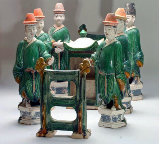 Lot 78E: group of nine Chinese Ming Dynasty royal processional figures, circa 1368-1644. Estimate: $9,000-$12,000. Artemis Gallery LIVE image.
