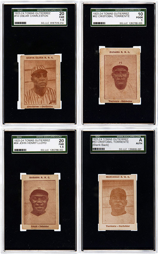 Four examples from an 84-card collection of Cuban baseball cards issued 1923-24 by Tomas Gutierrez, manufacturers of Diaz brand cigarettes, SGC graded; set numbered 1-83 plus 85. Estimate $75,000-$100,000. Image: Hake’s Americana & Collectibles.