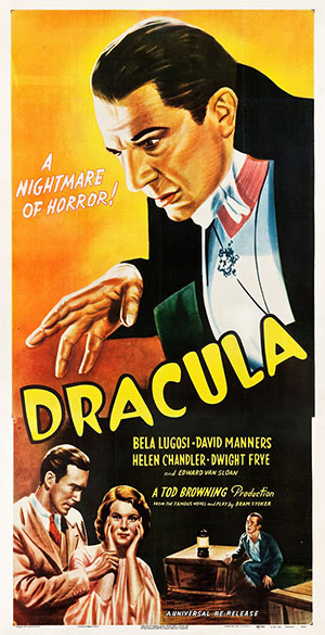 'Dracula' (Universal, re-release 1947) three sheet, 31 1/4 inches x 79 1/2 inches. Estimate: $40,000-$80,000. Heritage Auctions image.