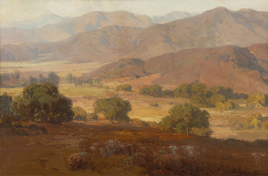Hanson Puthuff’s foothill landscape measures an impressive 40 inches x 60 inches and is expected to fetch $60,000-$80,000. John Moran Auctioneers image.