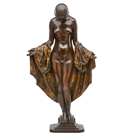 Lot 119: Mario Joseph Korbel (Czech/American, 1882-1954), bronze sculpture of a draped nude, 1920, $6,000-$8,000. Rago Arts and Auction Center image.