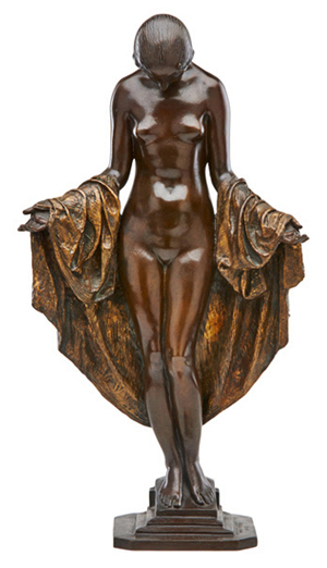 Lot 119: Mario Joseph Korbel (Czech/American, 1882-1954), bronze sculpture of a draped nude, 1920, $6,000-$8,000. Rago Arts and Auction Center image.