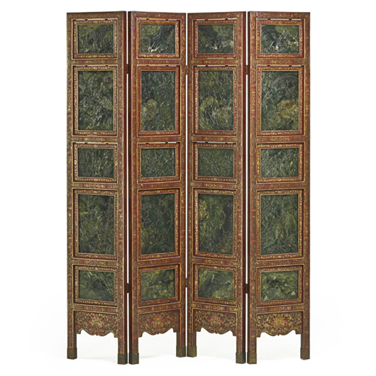 Lot 409: Chinese nephrite jade four-panel screen, $12,000-$18,000. Rago Arts and Auction Center image.