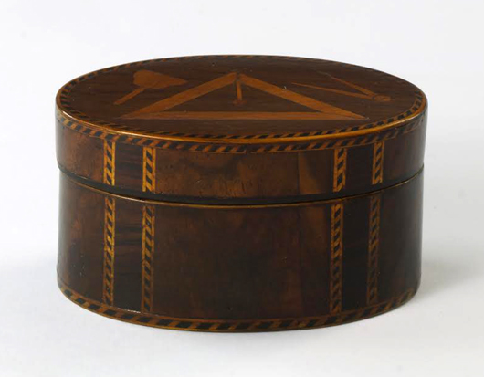 Nineteenth century mahogany inlaid snuffbox decorated with masonic symbols. Estimate: £150-£250. Rosebery’s image.