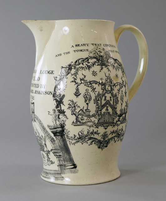 Large 18th century pearlware masonic jug, circa 1792. Estimate: £200-£300. Rosebery’s image.