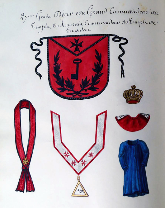 Sample page of an early 19th century album of original watercolors of French masonic memorabilia of the 33 degrees of Scottish Rite of Free Masonry. Estimate: £400-£600. Rosebery’s image.  
