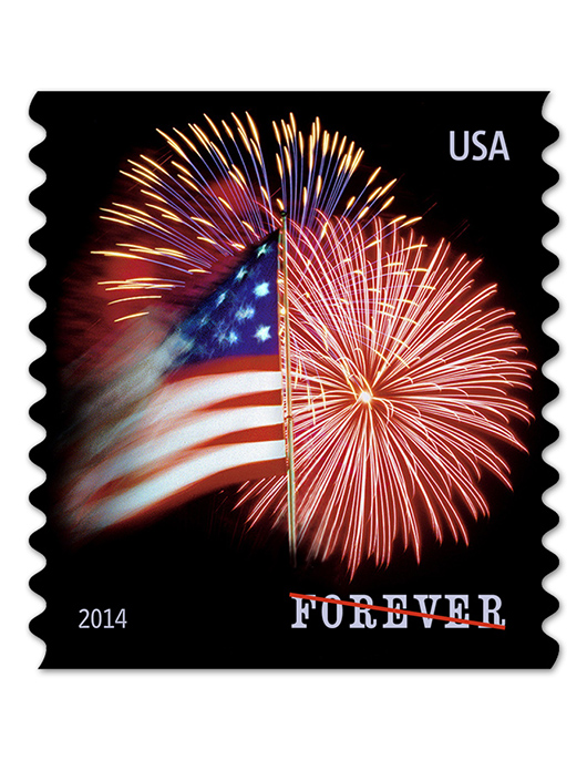 The new star-spangled banner stamp. Note: Strike-through on the word 'FOREVER' is shown here to prevent illegal photo reproduction. It does not appear on the actual stamps. USPS image