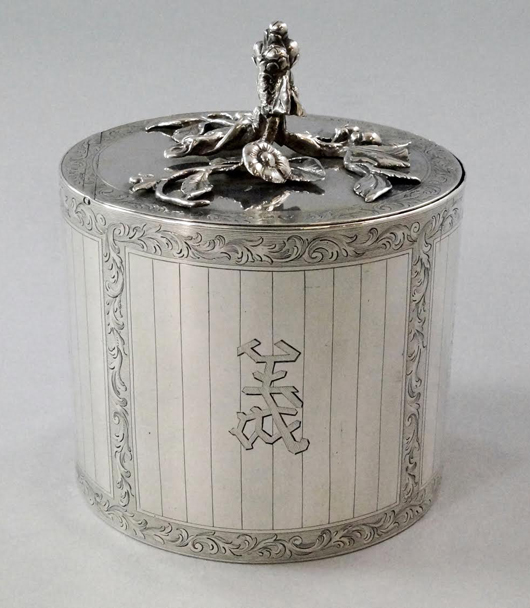 George lll silver tea caddy, London, circa 1768, by William & Aaron Lestourgeon. Estimate £4,000-£6,000. Rosebery’s  image.